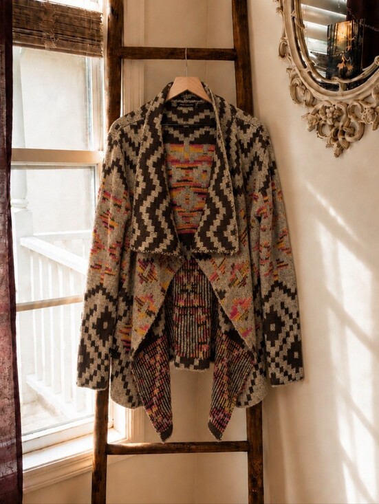John Fashion Sweaters - Draped Open Front Geometric Artsy Eclectic Cardigan